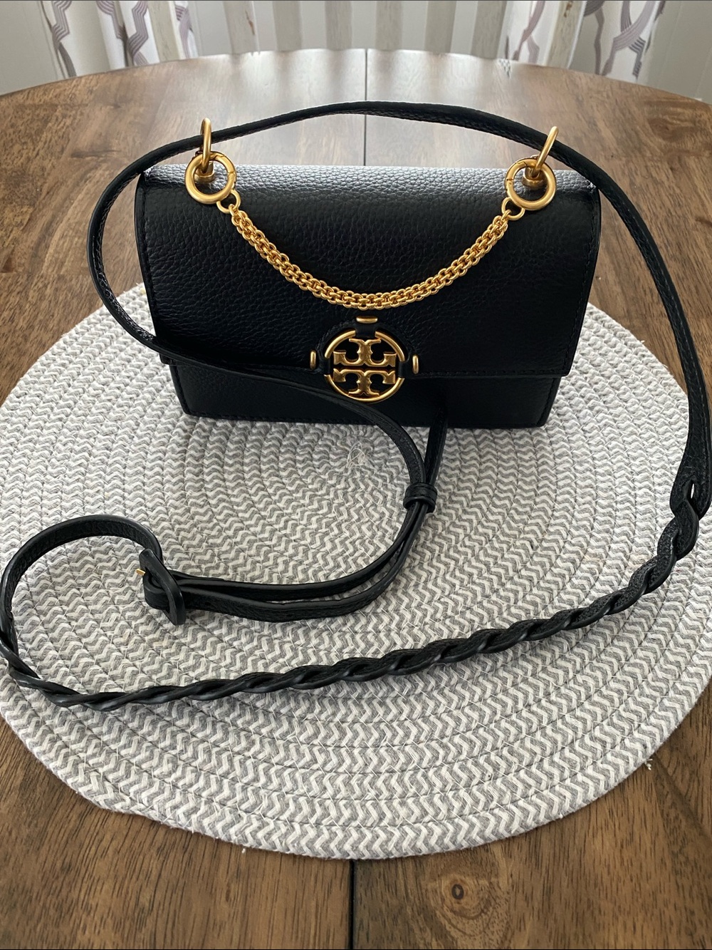 Tory Burch Black Leather Crossbody with Gold Logo Chain